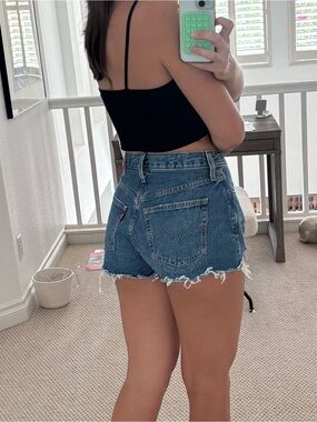 Levi's Blue High-Waist Distressed Denim Shorts